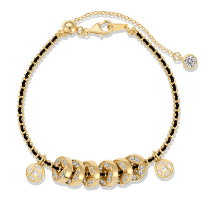 Noir Luxe Coin Charm Bracelet – 925 Sterling Silver with Black-Gold Braided Design.