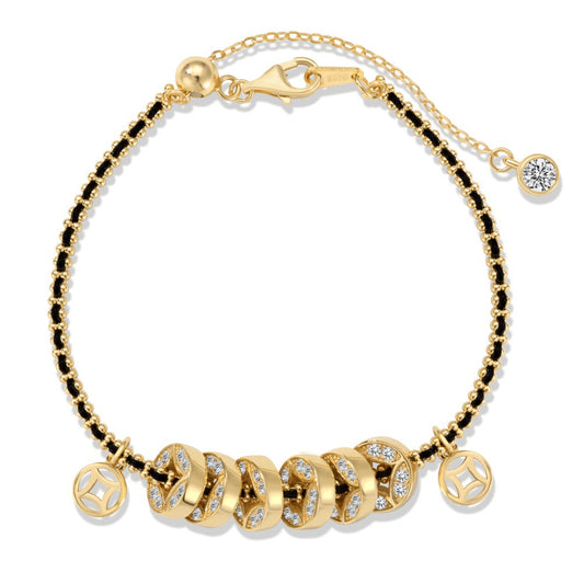 Noir Luxe Coin Charm Bracelet – 925 Sterling Silver with Black-Gold Braided Design.