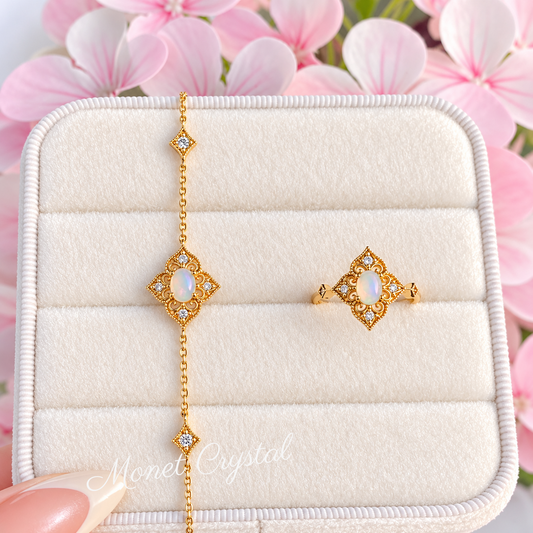 “Garden Party” Gold Plated S925 Sterling Silver Natural Opal Bracelet & Ring Set