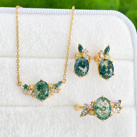“Gilded Grove” S925 Sterling Silver Moss Agate Jewelry Set