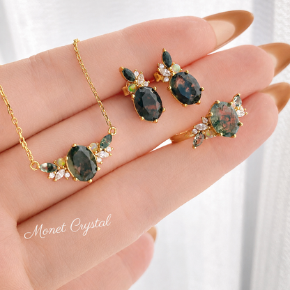 “Gilded Grove” S925 Sterling Silver Moss Agate Jewelry Set