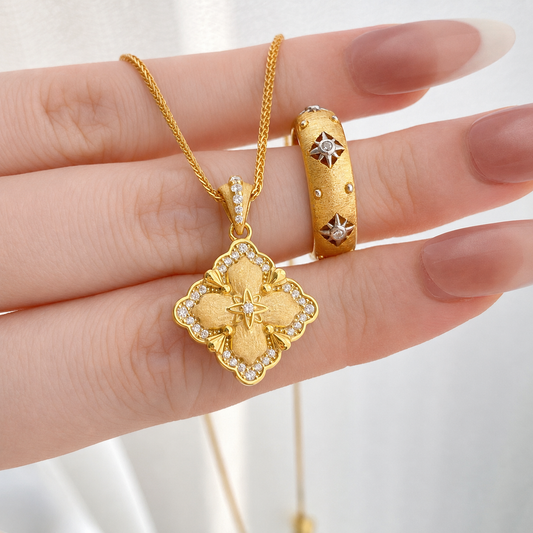 "Gilded Bloom" 925 Sterling Silver Filigree Clover Necklace & Ring Set