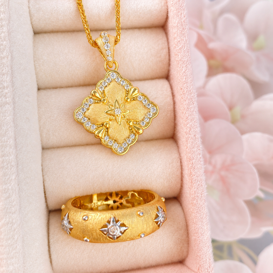 "Gilded Bloom" 925 Sterling Silver Filigree Clover Necklace & Ring Set