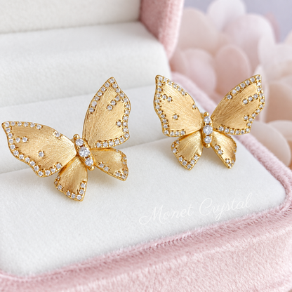 “Golden Flutter” 10K Gold Plated S925 Sterling Silver Brushed Butterfly Zircon Stud Earrings