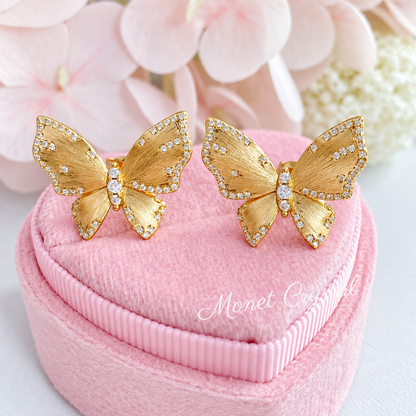 “Golden Flutter” 10K Gold Plated S925 Sterling Silver Brushed Butterfly Zircon Stud Earrings