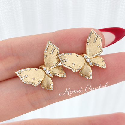 “Golden Flutter” 10K Gold Plated S925 Sterling Silver Brushed Butterfly Zircon Stud Earrings