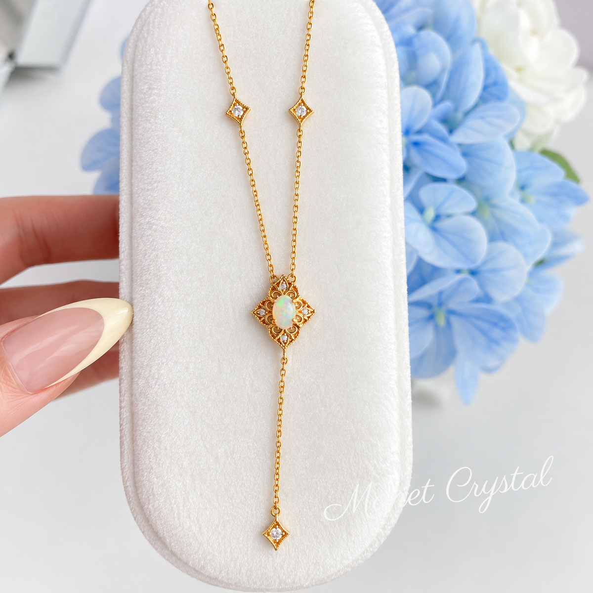 “Golden Reverie” 10K Gold Plated S925 Sterling Silver Natural Opal Necklace