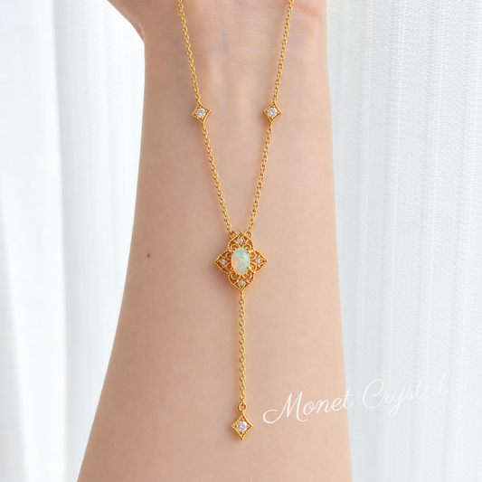 “Golden Reverie” 10K Gold Plated S925 Sterling Silver Natural Opal Necklace