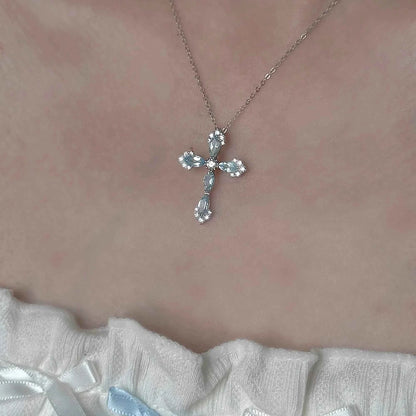 "Greek Maiden at the Wishing Well" 925 Sterling Silver Topaz-Blue Cross Pendant Necklace – Unique & Mystical