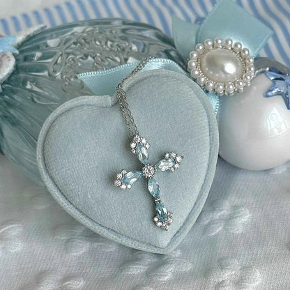 "Greek Maiden at the Wishing Well" 925 Sterling Silver Topaz-Blue Cross Pendant Necklace – Unique & Mystical