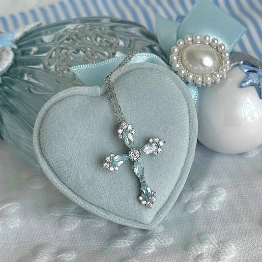 "Greek Maiden at the Wishing Well" 925 Sterling Silver Topaz-Blue Cross Pendant Necklace – Unique & Mystical