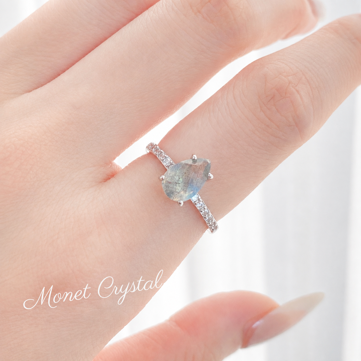 “Grey Dawn” White Gold Plated S925 Sterling Silver Natural Labradorite Ring