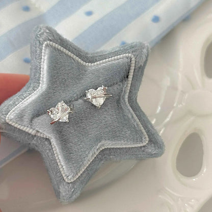 "Heart Orbit" 999 Pure Silver Heart Zircon Orbit Stud Earrings - Sweet and Unique