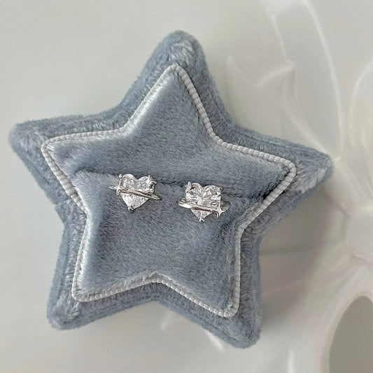 "Heart Orbit" 999 Pure Silver Heart Zircon Orbit Stud Earrings - Sweet and Unique