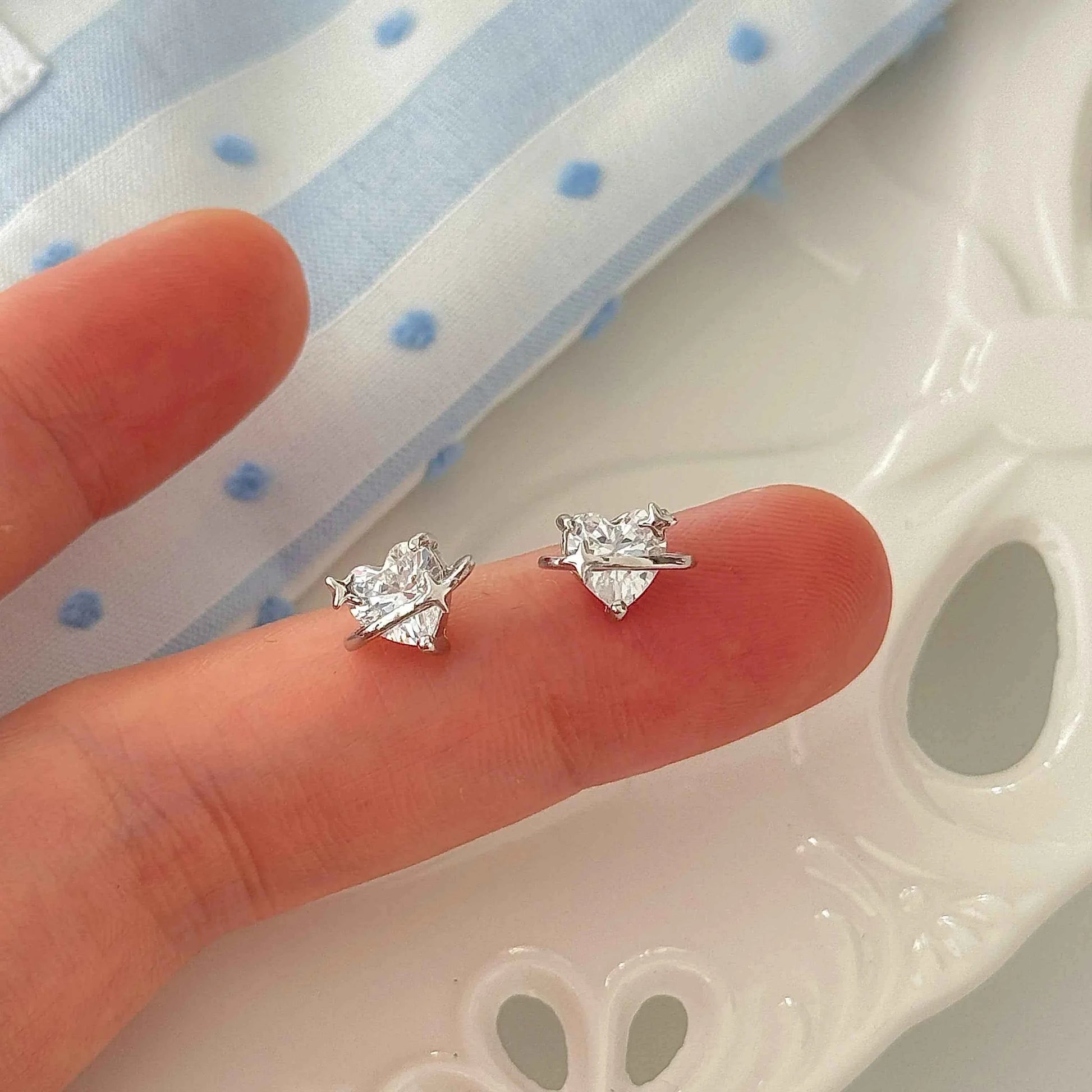 "Heart Orbit" 999 Pure Silver Heart Zircon Orbit Stud Earrings - Sweet and Unique