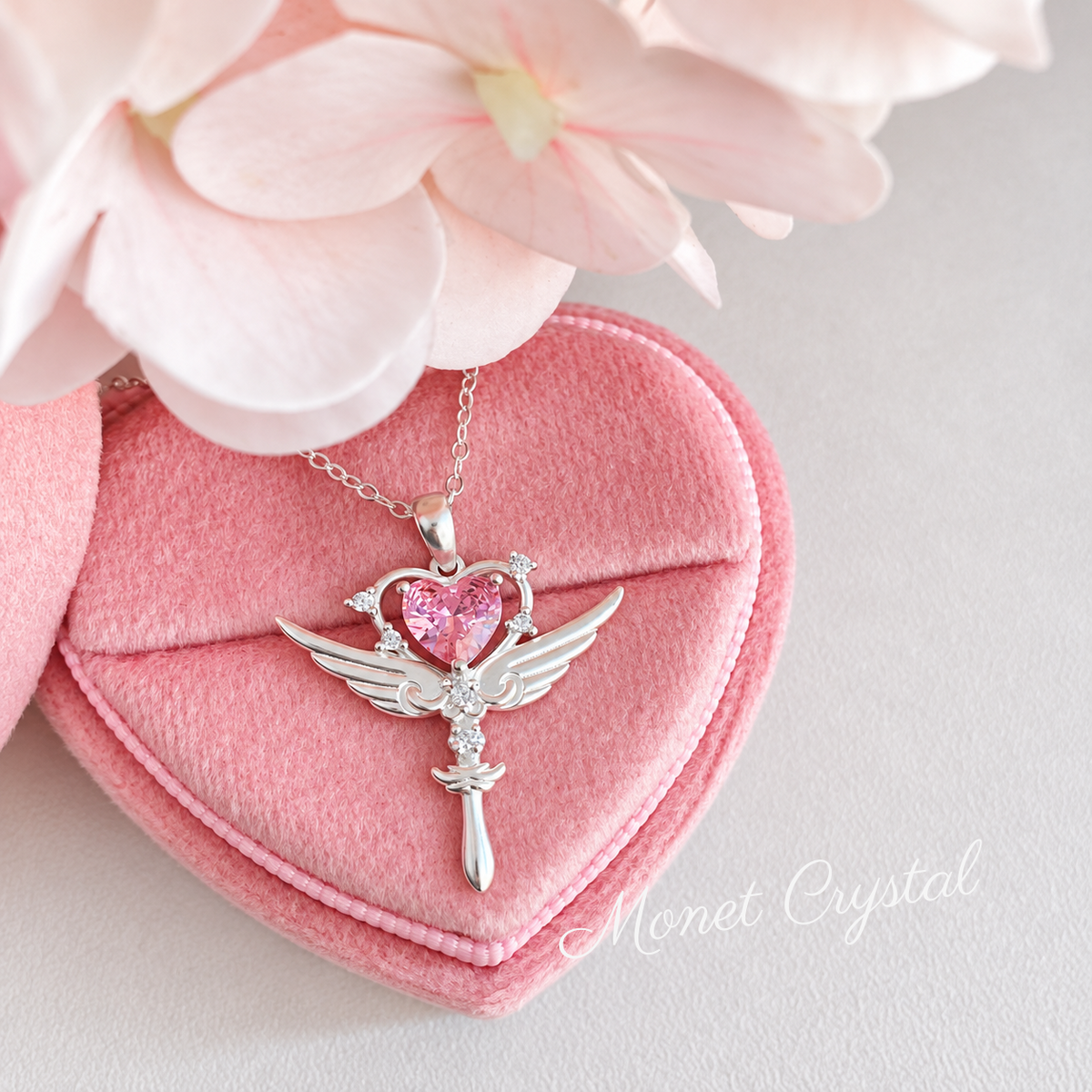 “Heart Spell” S925 Sterling Silver Winged Heart Scepter Necklace