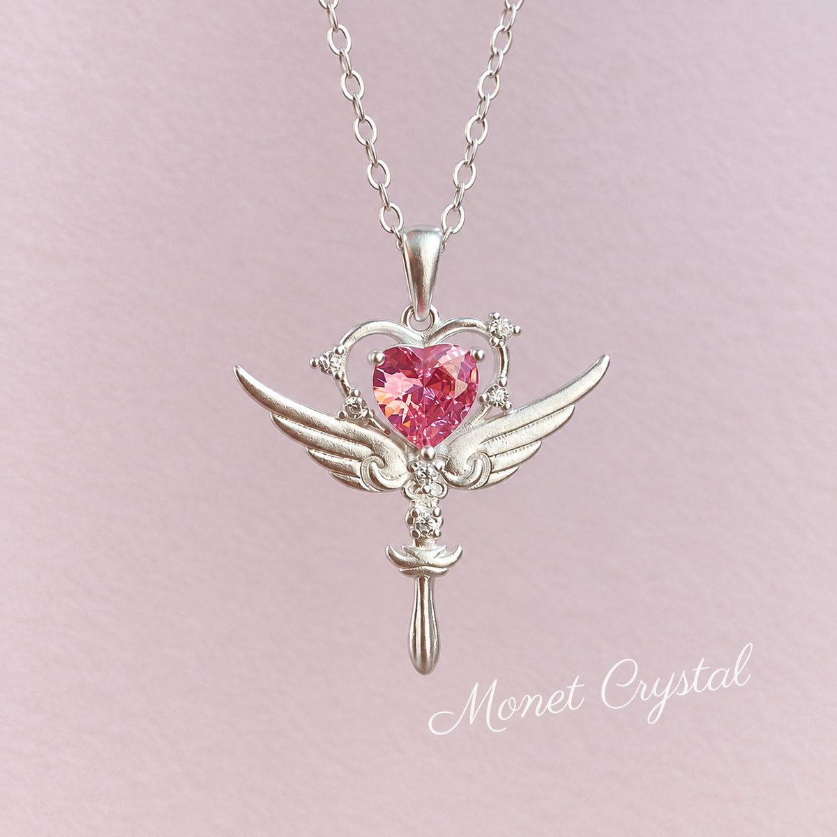 “Heart Spell” S925 Sterling Silver Winged Heart Scepter Necklace