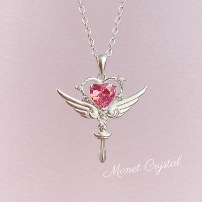 “Heart Spell” S925 Sterling Silver Winged Heart Scepter Necklace