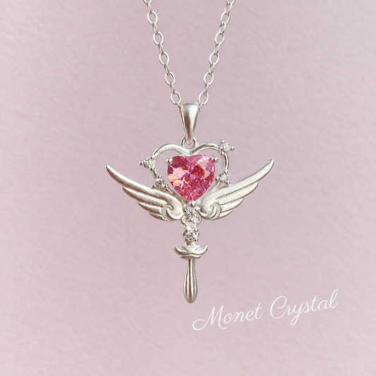 “Heart Spell” S925 Sterling Silver Winged Heart Scepter Necklace