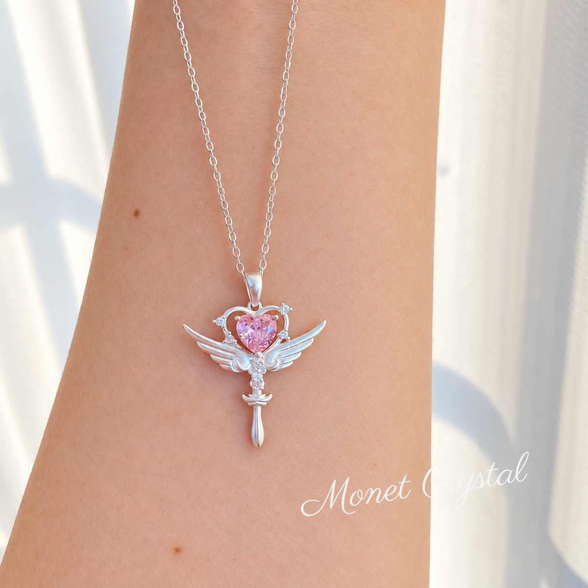 “Heart Spell” S925 Sterling Silver Winged Heart Scepter Necklace