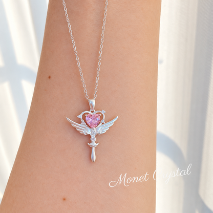 “Heart Spell” S925 Sterling Silver Winged Heart Scepter Necklace