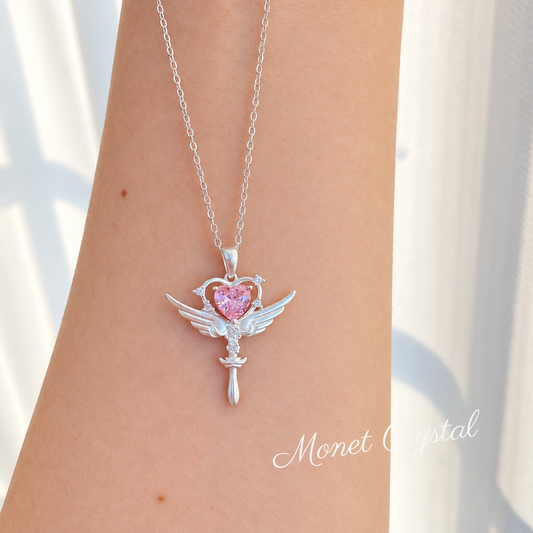 “Heart Spell” S925 Sterling Silver Winged Heart Scepter Necklace