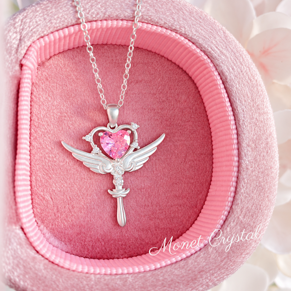 “Heart Spell” S925 Sterling Silver Winged Heart Scepter Necklace