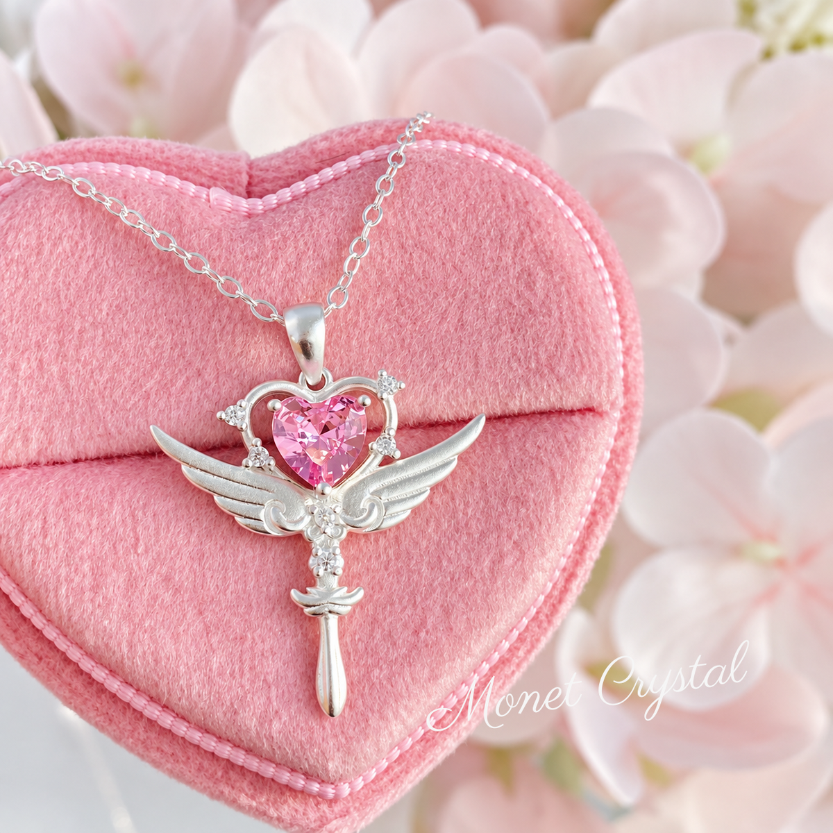 “Heart Spell” S925 Sterling Silver Winged Heart Scepter Necklace