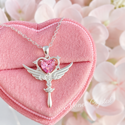 “Heart Spell” S925 Sterling Silver Winged Heart Scepter Necklace