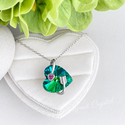 “Heartbound” S925 Sterling Silver Green Crystal Heart & Arrow Necklace