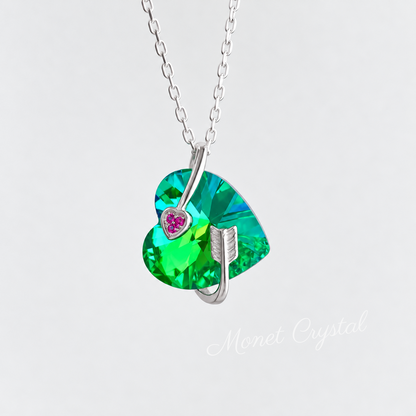 “Heartbound” S925 Sterling Silver Green Crystal Heart & Arrow Necklace