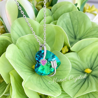 “Heartbound” S925 Sterling Silver Green Crystal Heart & Arrow Necklace
