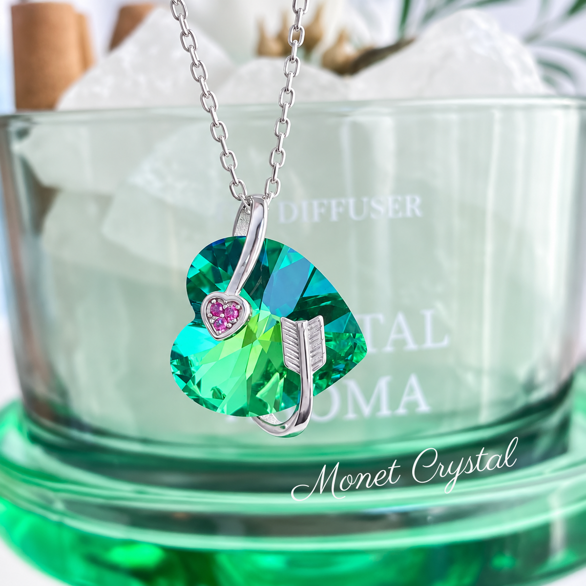 “Heartbound” S925 Sterling Silver Green Crystal Heart & Arrow Necklace