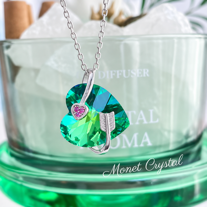 “Heartbound” S925 Sterling Silver Green Crystal Heart & Arrow Necklace
