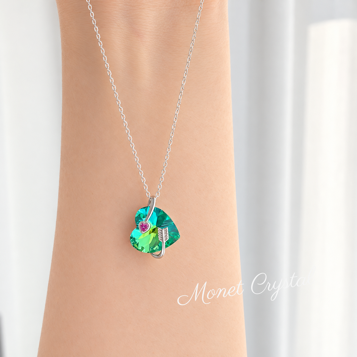 “Heartbound” S925 Sterling Silver Green Crystal Heart & Arrow Necklace