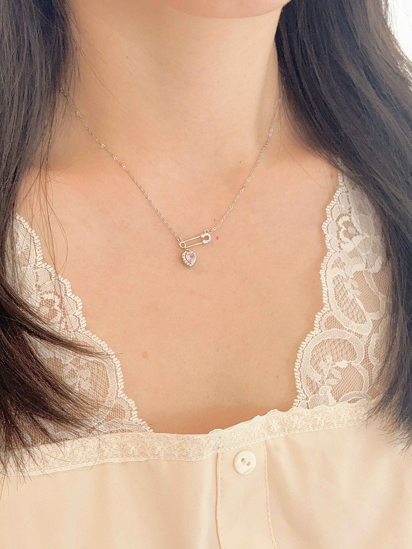 Heartfelt Connection 925 Sterling Silver Heart and Safety Pin Necklace with Pink Zircon - Unique and Charming