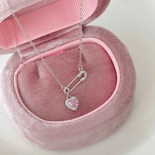 Heartfelt Connection 925 Sterling Silver Heart and Safety Pin Necklace with Pink Zircon - Unique and Charming