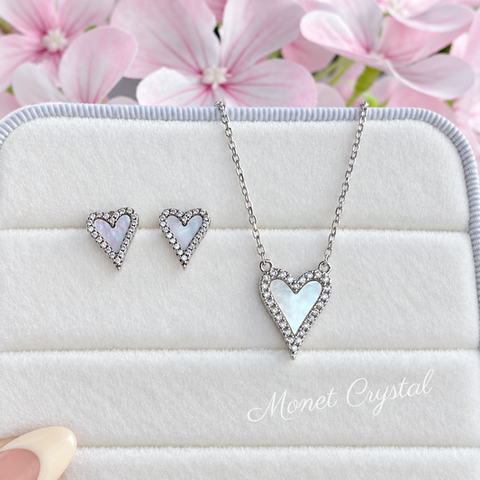“Heartline” S925 Sterling Silver Mother-of-Pearl Heart Necklace & Earrings Set