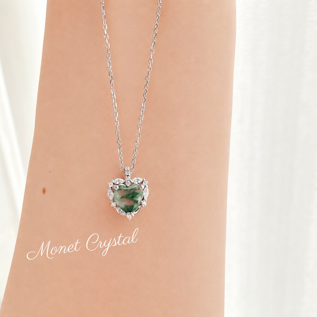 “Hidden Garden” S925 Sterling Silver Moss Agate Heart Necklace & Ring Set
