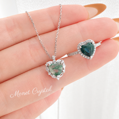 “Hidden Garden” S925 Sterling Silver Moss Agate Heart Necklace & Ring Set