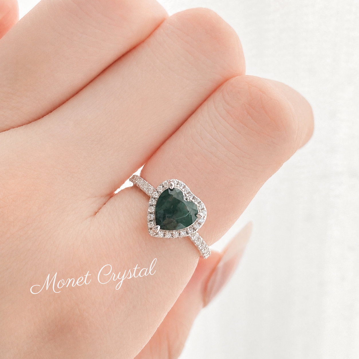 “Hidden Garden” S925 Sterling Silver Moss Agate Heart Necklace & Ring Set