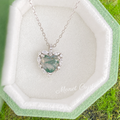 “Hidden Garden” S925 Sterling Silver Moss Agate Heart Necklace & Ring Set