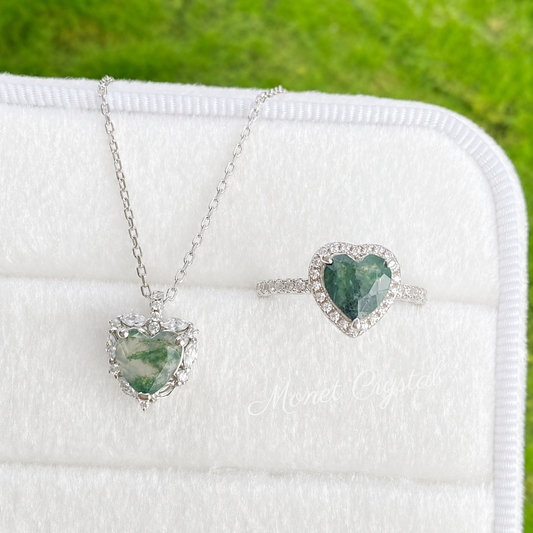 “Hidden Garden” S925 Sterling Silver Moss Agate Heart Necklace & Ring Set