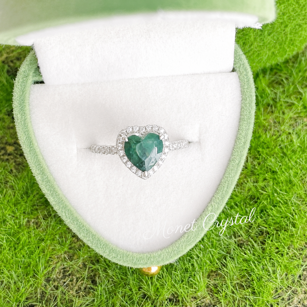 “Hidden Garden” S925 Sterling Silver Moss Agate Heart Necklace & Ring Set