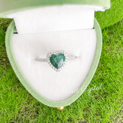 “Hidden Garden” S925 Sterling Silver Moss Agate Heart Necklace & Ring Set