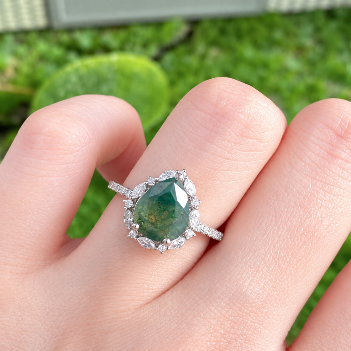 “Hidden Grove” S925 Sterling Silver Moss Agate Halo Ring