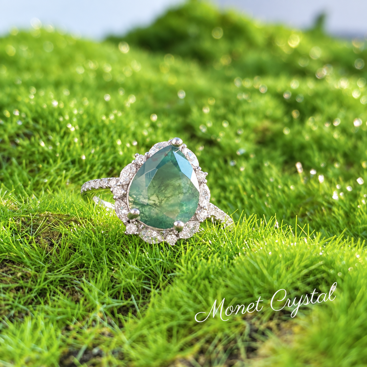“Hidden Grove” S925 Sterling Silver Moss Agate Halo Ring