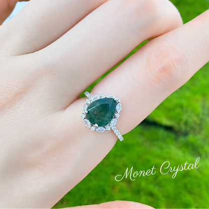 “Hidden Grove” S925 Sterling Silver Moss Agate Halo Ring