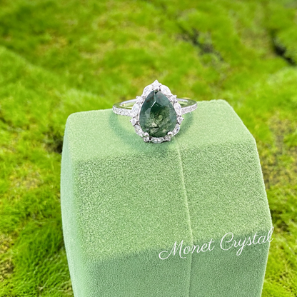 “Hidden Grove” S925 Sterling Silver Moss Agate Halo Ring