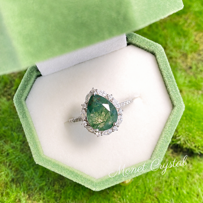 “Hidden Grove” S925 Sterling Silver Moss Agate Halo Ring